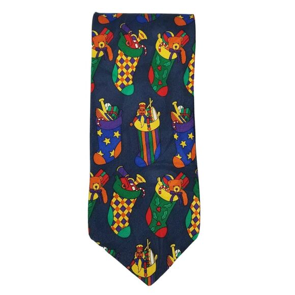 Feraud Mens Tie Navy Blue 100% Silk USA Made Christmas Holiday Stocking Toys - Picture 1 of 7